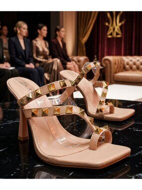 Studded Nude High Heel Sandals With  Straps & Square Toe Design For Women